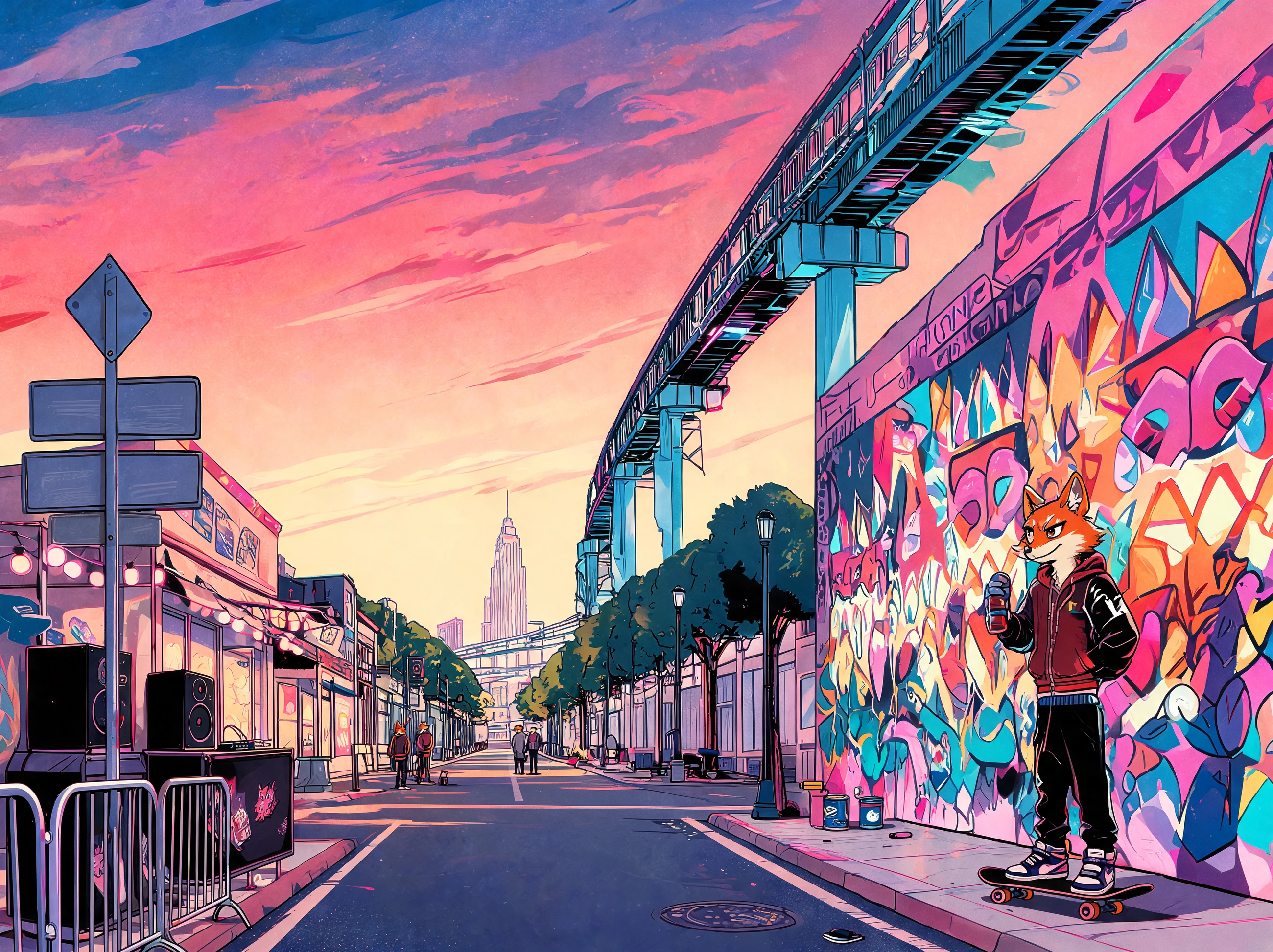 FOXVILLE street culture district with a mural, elevated railway and a fox skater