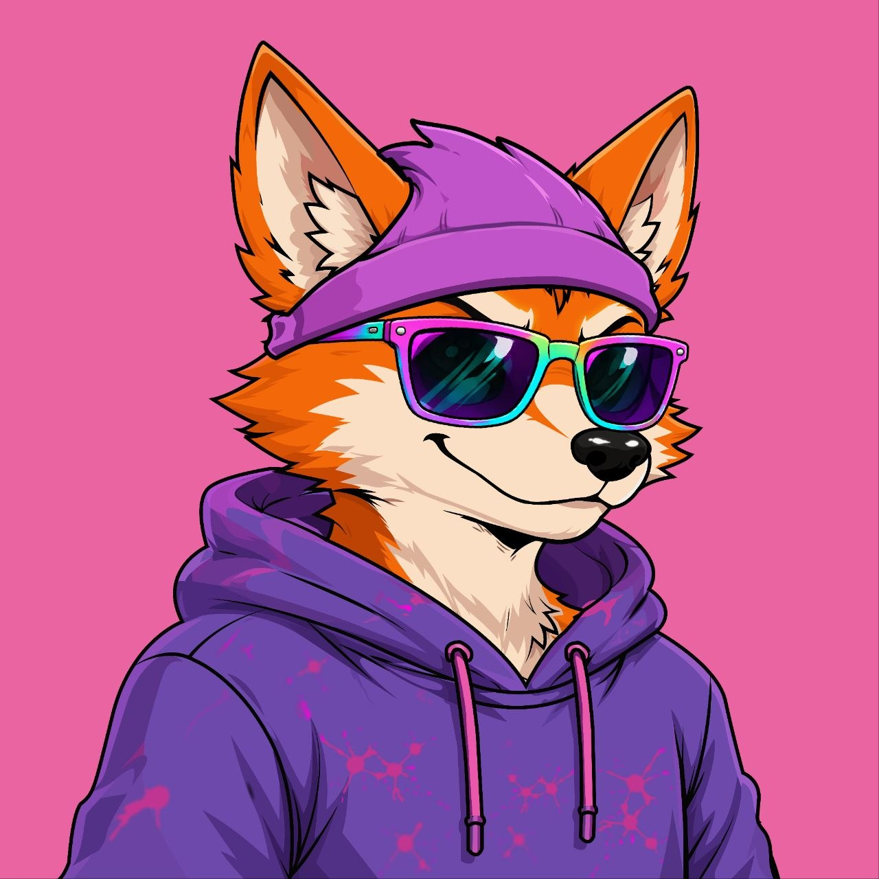 Illustrated orange fox avatar wearing iridescent sunglasses, a purple headband, and a purple hoodie on a pink background.