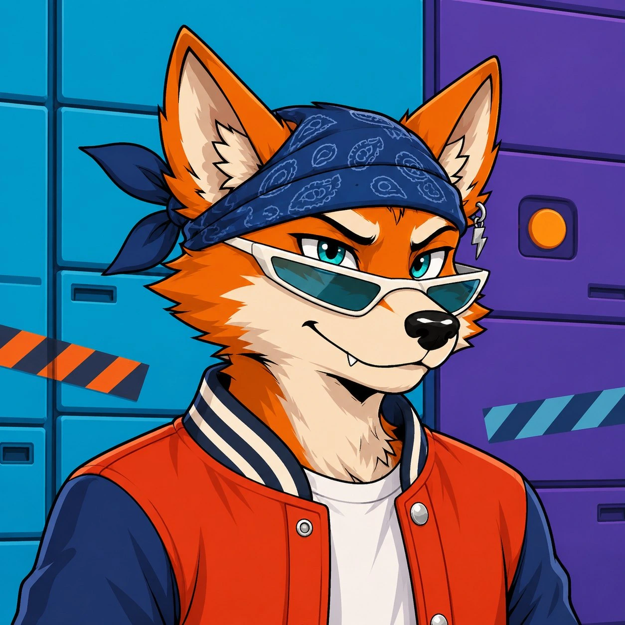 Illustrated orange fox wearing a navy bandana, white cat-eye eyewear and an orange varsity jacket.
