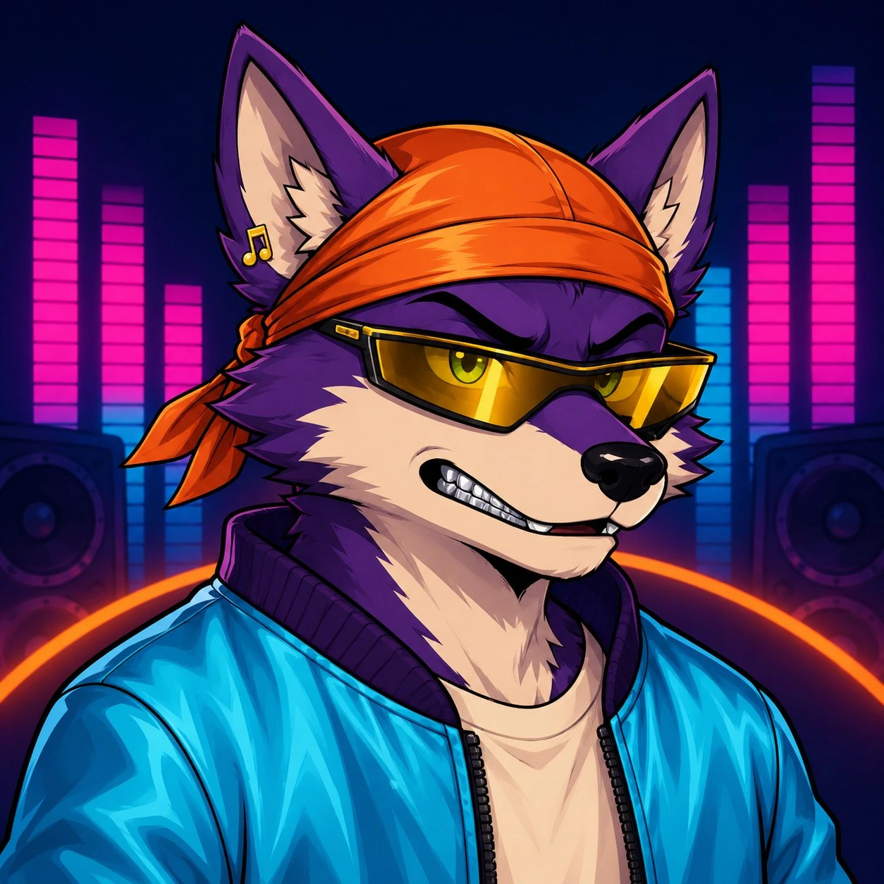 Illustrated purple fox wearing an orange bandana, gold visor and cyan jacket in front of an equalizer wall.